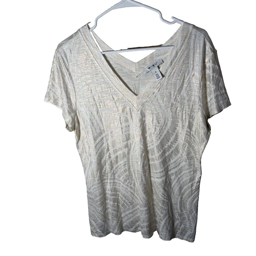 White House Black Market T-Shirt Women's Medium V-Neck Short Sleeve Metallic Top
